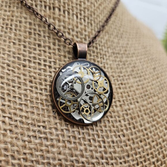 Steampunk Copper Pendant Necklace Made with Genuine Watch Parts & Gears on Chain - Picture 4 of 7